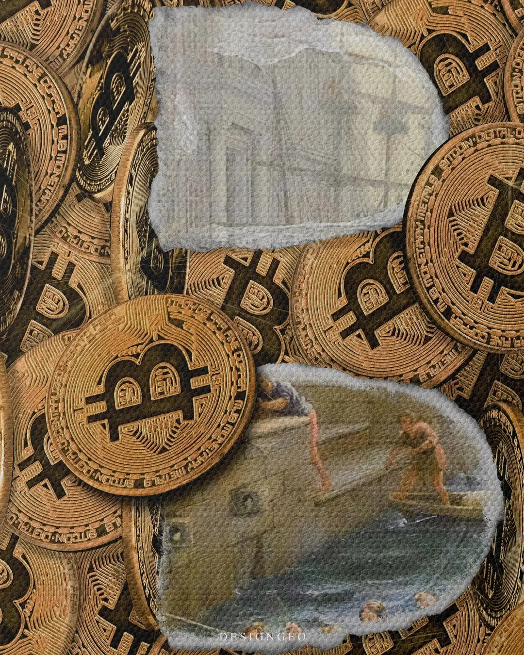 Artistic canvas illustration of hidden Bitcoin currency within an antique masterpiece, symbolizing the evolution of money, long-term investment, and the "HODL" philosophy