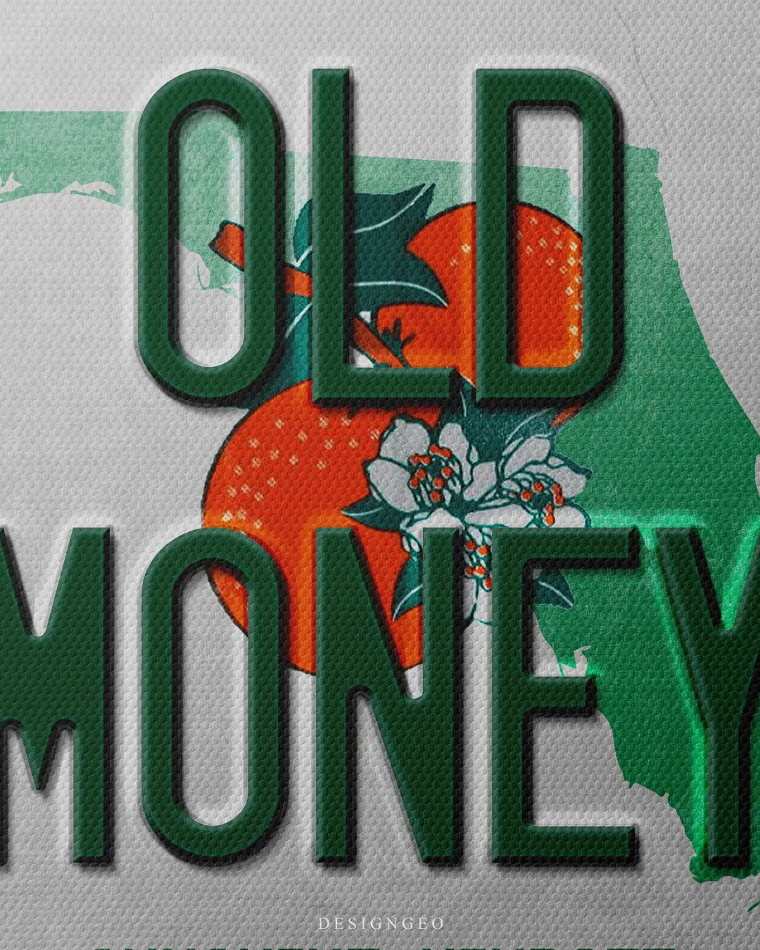 Medium shot showing dark green embossed OLD MONEY lettering over a central Florida state map graphic featuring orange fruit and blossom illustrations