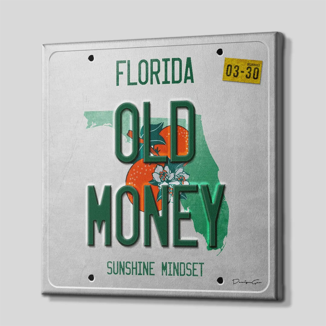 Three-quarter side angle of the Florida license plate canvas wall art showing gallery-wrapped white edges mounted on a solid wooden frame
