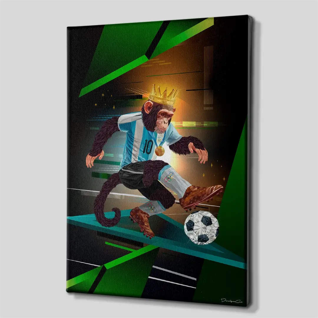 Side angle of the monkey playing football with a diamond ball pop art canvas print, highlighting the high-quality gallery wrap finish and professional 3D frame depth