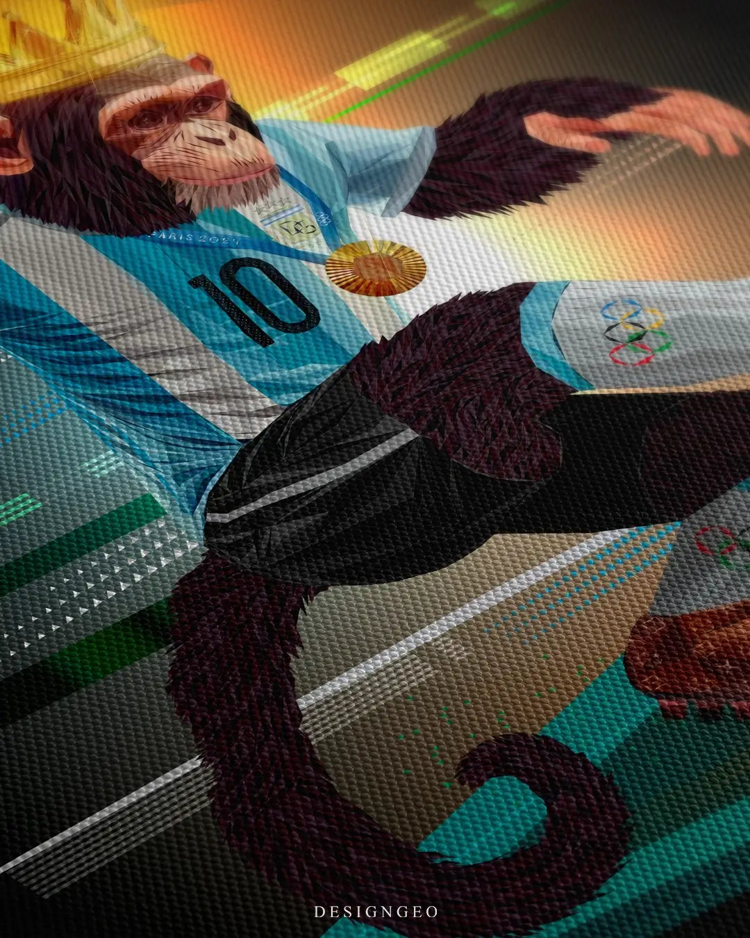 Close-up of pop art wall decor featuring a monkey football player controlling a sparkling diamond-encrusted soccer ball on a vibrant stadium pitch