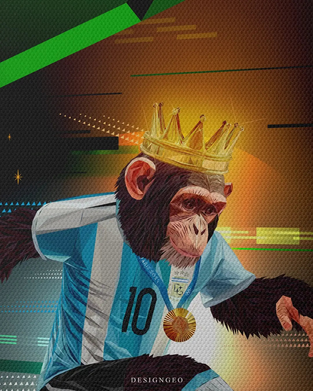 Vibrant pop art canvas illustration of an athletic monkey playing football with a diamond soccer ball, symbolizing elite performance and high-stakes success