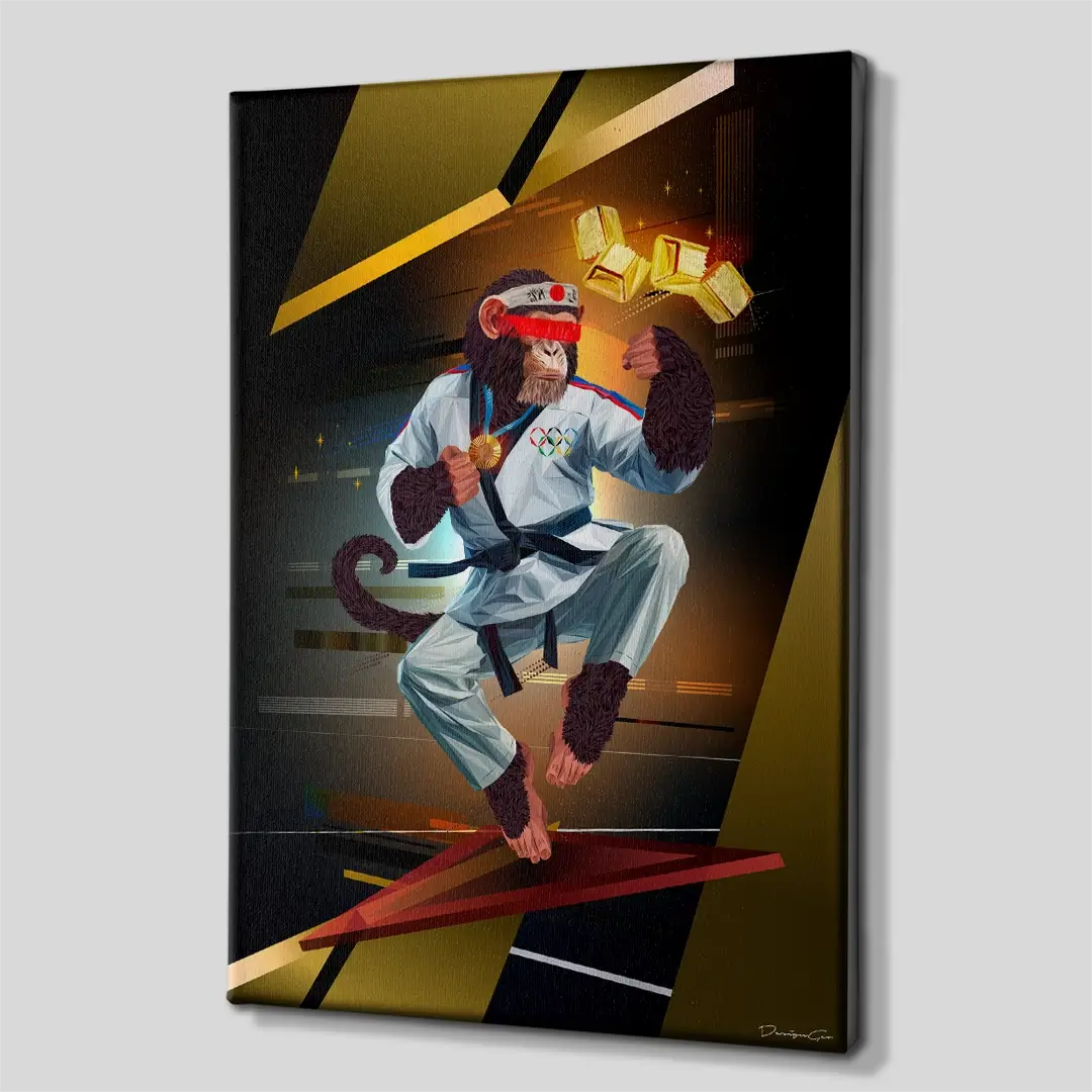 Side angle of the monkey practicing karate with a gold bar pop art canvas print, highlighting the high-quality gallery wrap finish and professional 3D frame depth