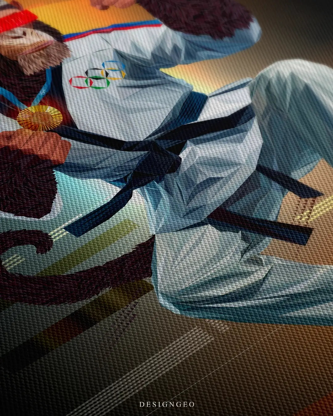 Close-up of modern pop art wall decor featuring a monkey karate master in a traditional black gi, holding a solid gold bar on a vibrant dojo background