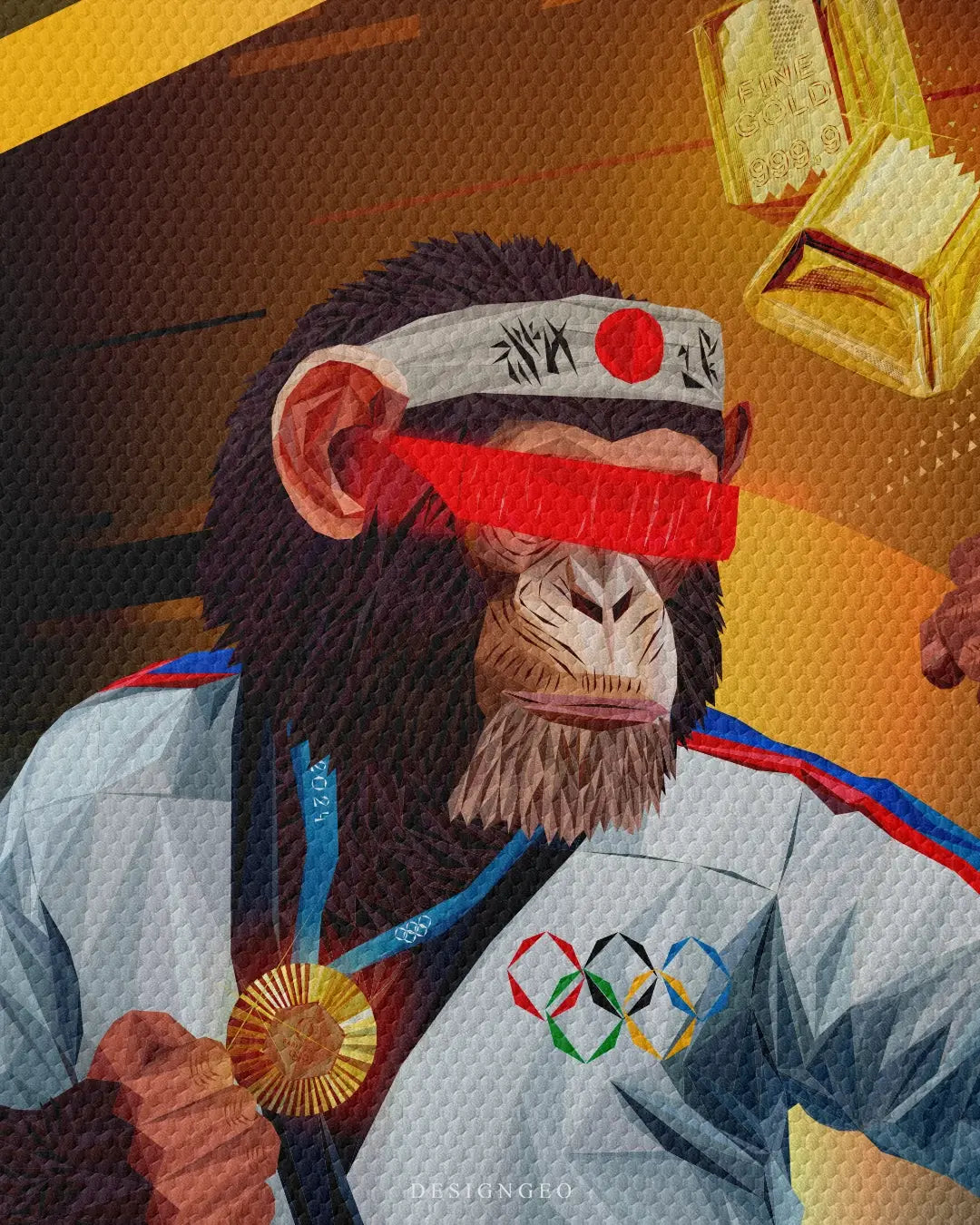 Vibrant pop art canvas illustration of an athletic monkey practicing karate with a gold bar, symbolizing the discipline required to achieve ultimate financial success