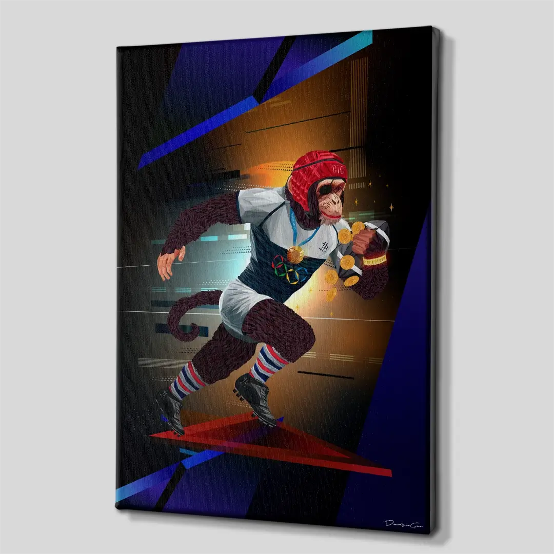 Side angle of the monkey playing rugby with a Bitcoin ball pop art canvas print, highlighting the high-quality gallery wrap finish and professional 3D frame depth