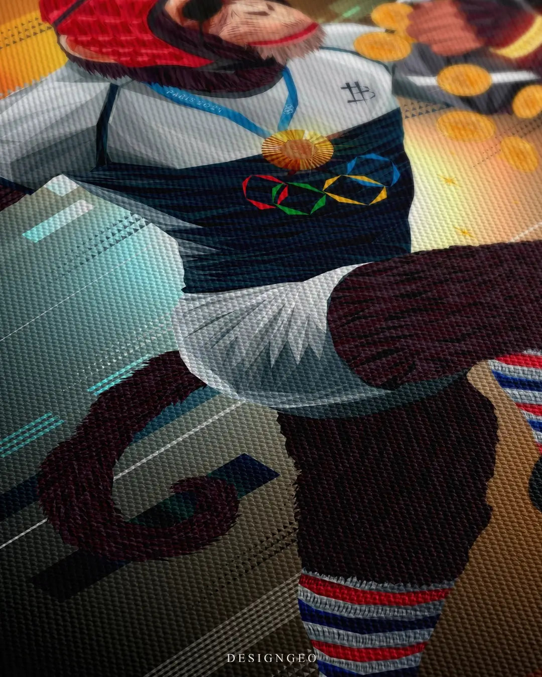 Close-up of pop art wall decor featuring a monkey rugby player in mid-action, clutching a rugby ball filled with Bitcoin symbols on a vibrant stadium background