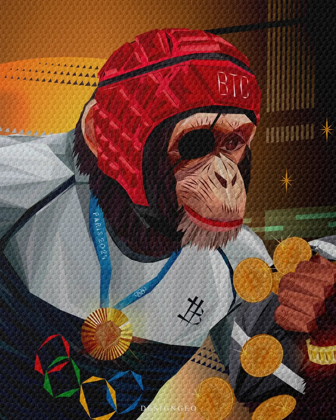 Vibrant pop art canvas illustration of an athletic monkey playing rugby with a Bitcoin-themed ball, symbolizing the strength and strategy required in the crypto market