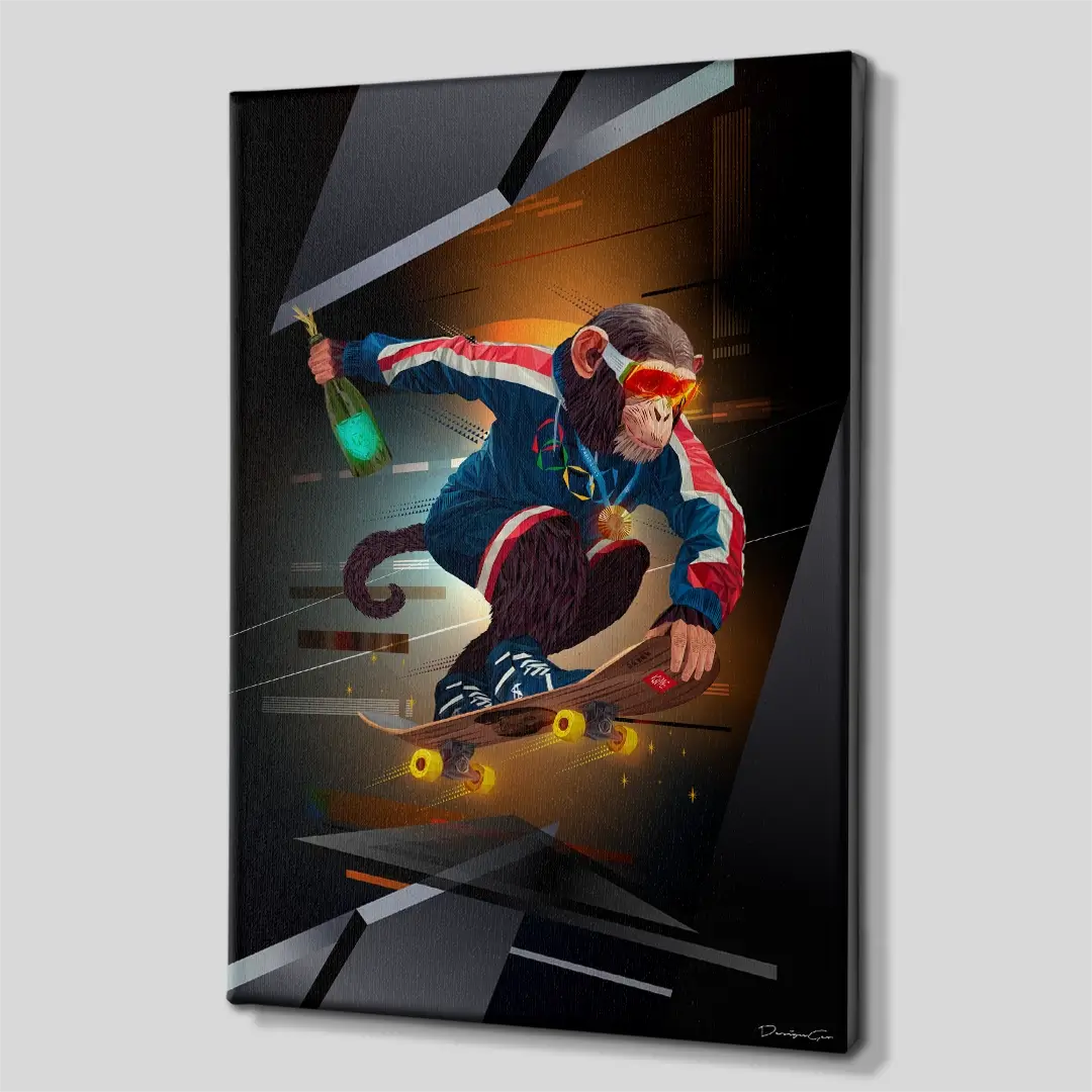 Side angle of the monkey skateboarding pop art canvas print, highlighting the high-quality gallery wrap finish and the professional 3D frame depth