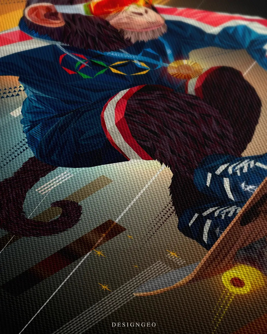 Close-up of modern pop art wall decor featuring a monkey skateboarder performing a technical trick with a vibrant urban skate park background