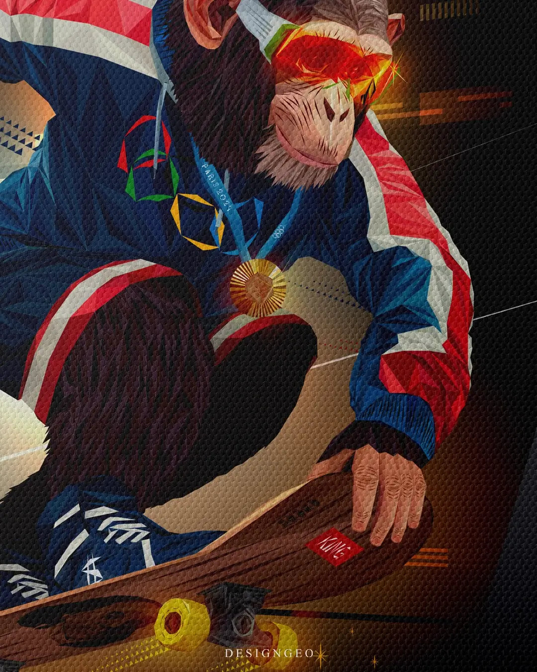 Vibrant pop art canvas illustration of a monkey competing in a professional skateboarding event, symbolizing skill and athletic ambition in a bold contemporary style