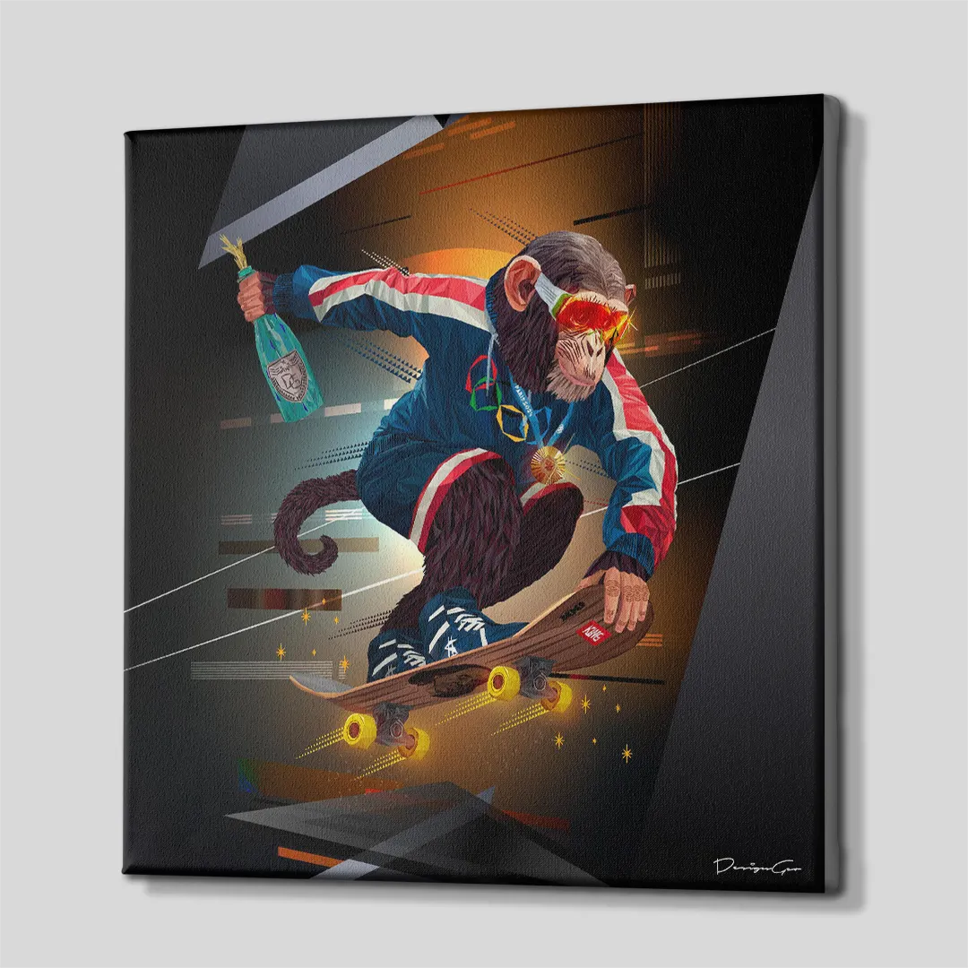 Three-quarter side perspective of the Olympic skater monkey canvas print showing dark gallery-wrapped edges mounted on a wooden frame