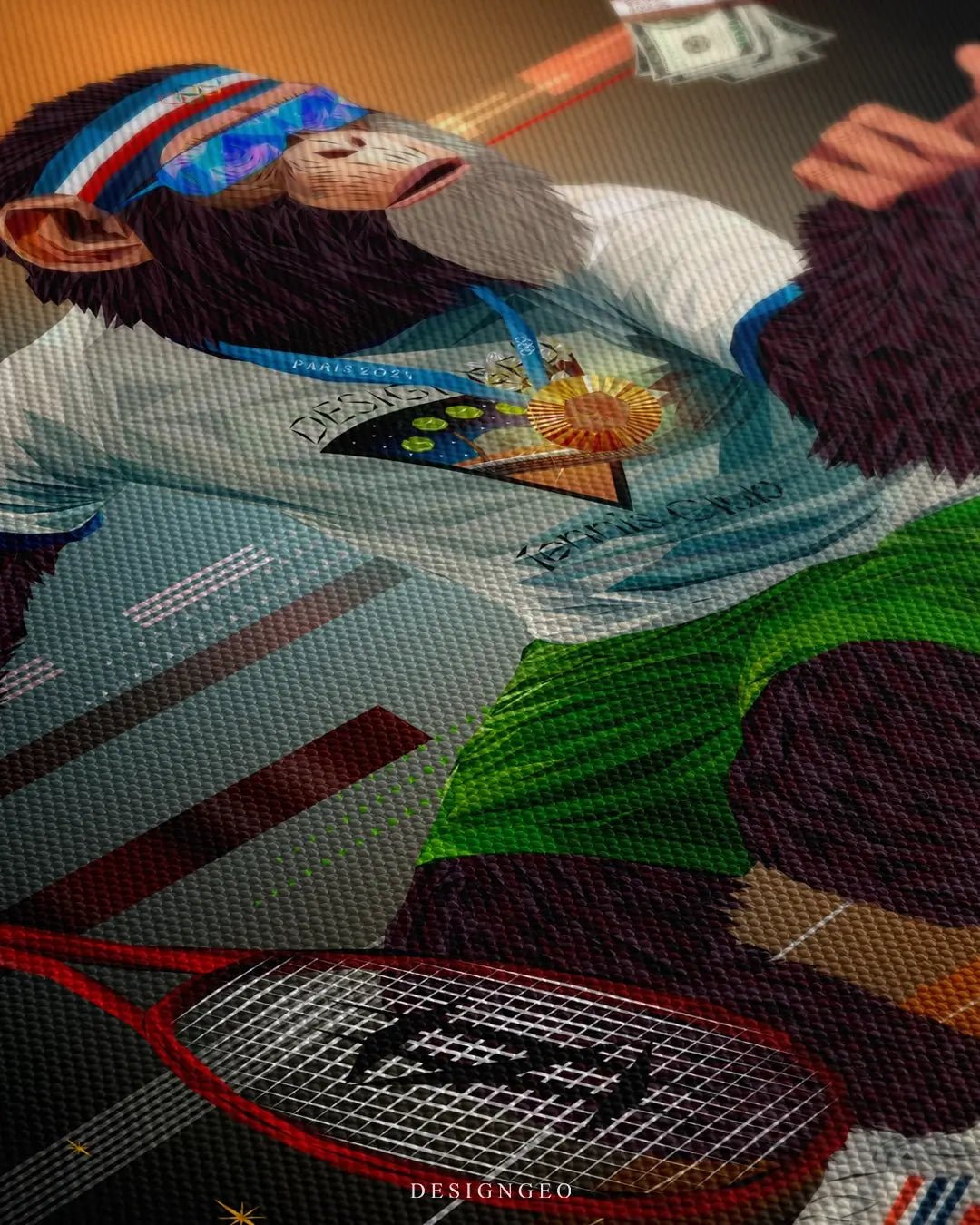 Close-up of pop art wall decor featuring a monkey dressed as a professional tennis player holding a racket and stacks of dollar bills on a vibrant clay court