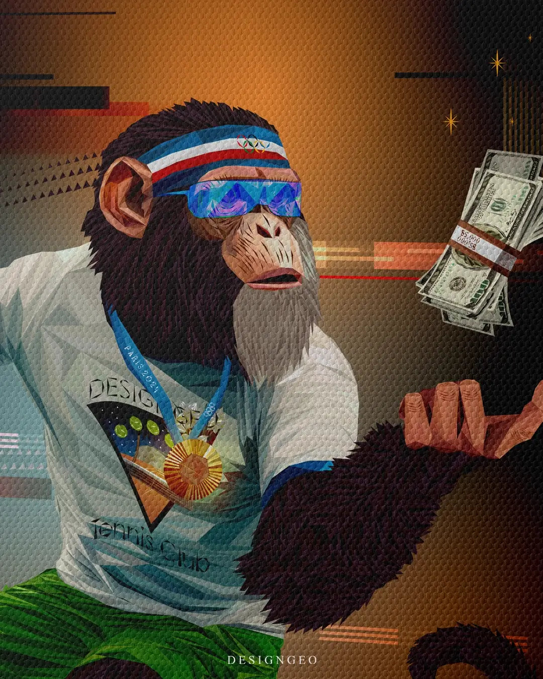 Vibrant pop art canvas illustration of an athletic monkey competing in a tennis tournament while carrying money, symbolizing the intersection of sport and financial success