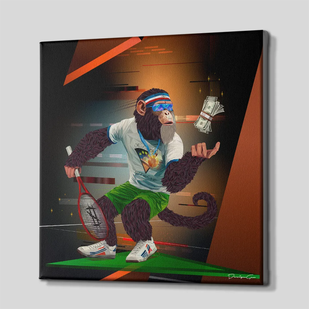 Three-quarter side angle of the tennis monkey canvas wall art showing gallery-wrapped dark edges mounted on a wooden frame