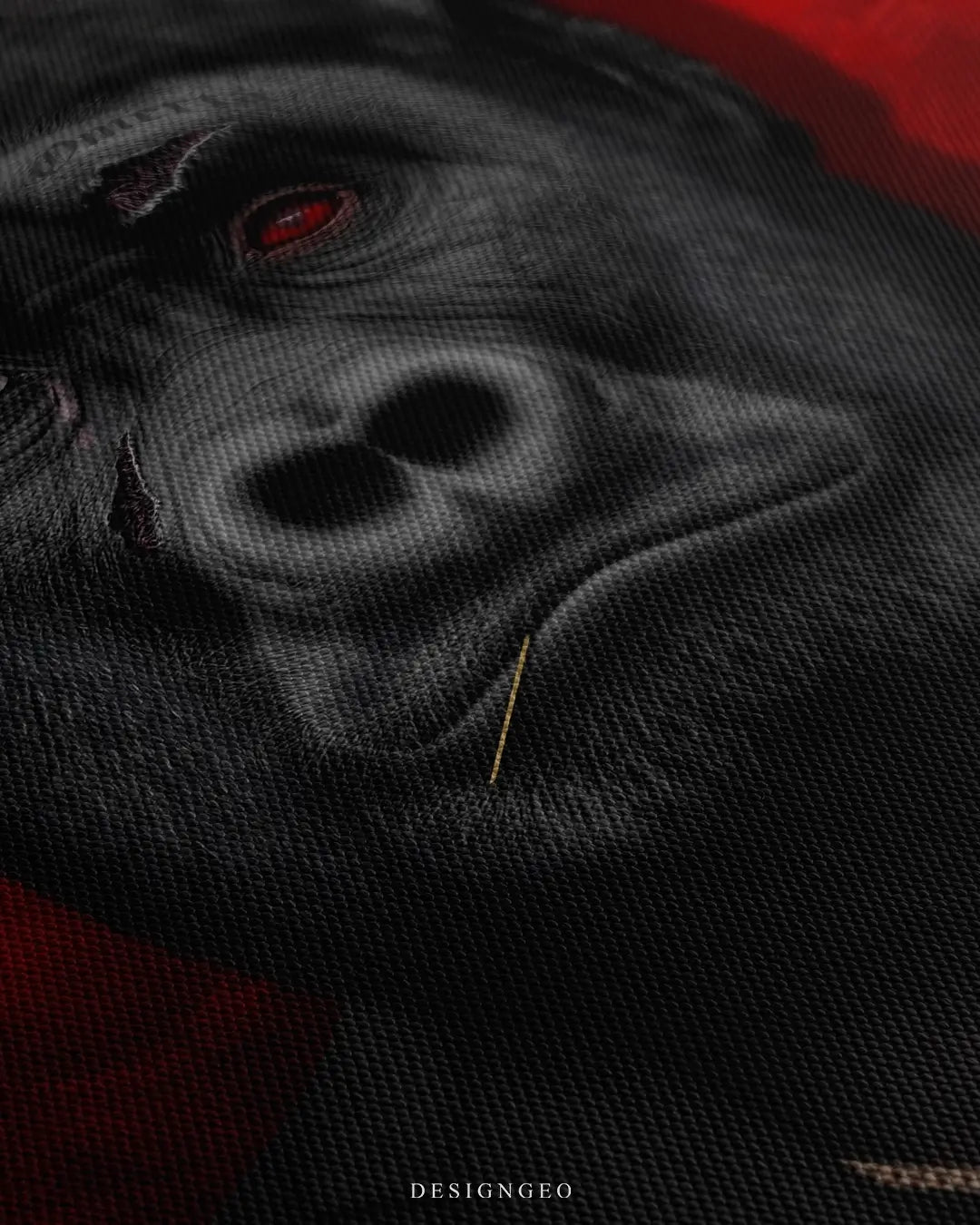 Close-up of modern gangster wall art featuring a gorilla personified as a mafia godfather with a tuxedo and scar on a vibrant red background