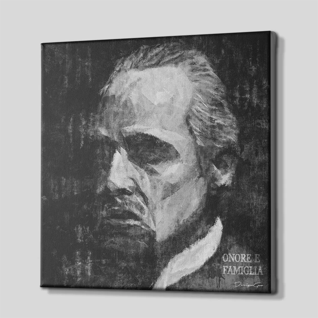 Side perspective view of square black and white canvas print displaying an Italian mobster portrait with ONORE E FAMIGLIA text and wrapped canvas edges