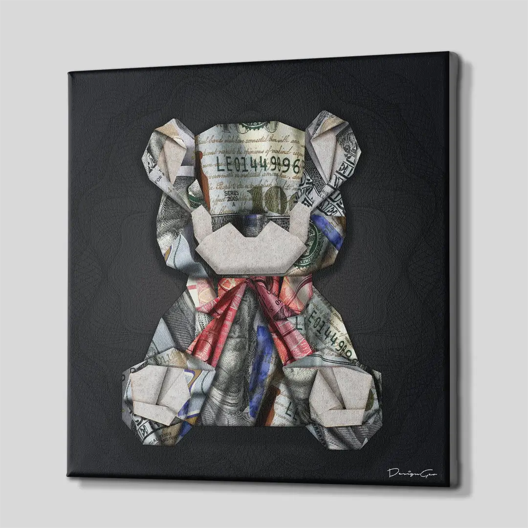 Side angle of the dollar bear origami canvas print, highlighting the high-quality gallery wrap finish and the 3D depth of the wooden frame