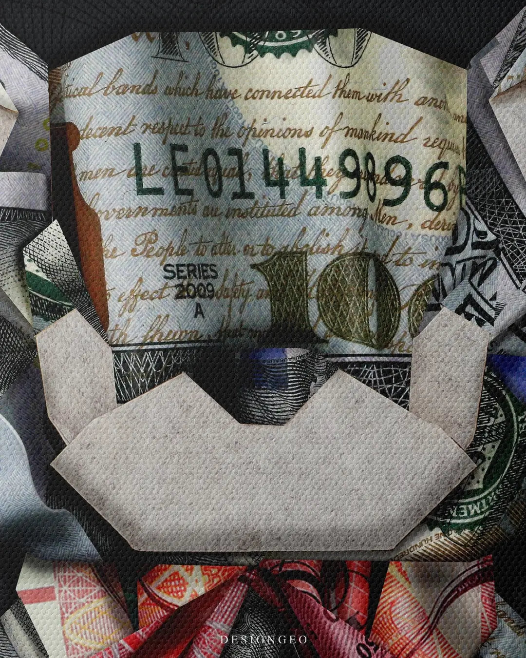 Creative illustration of a teddy bear made of dollar bill origami, symbolizing financial growth and wealth mindset on a clean, professional background