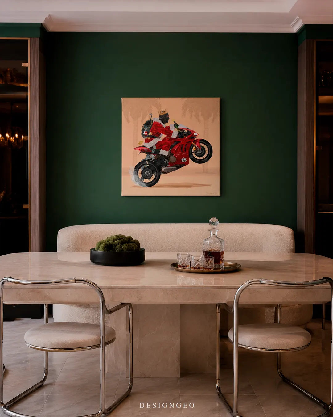 Square balaclava motorcycle wheelie canvas wall art mounted on a dark forest green feature wall above a marble dining table with modern chrome chairs