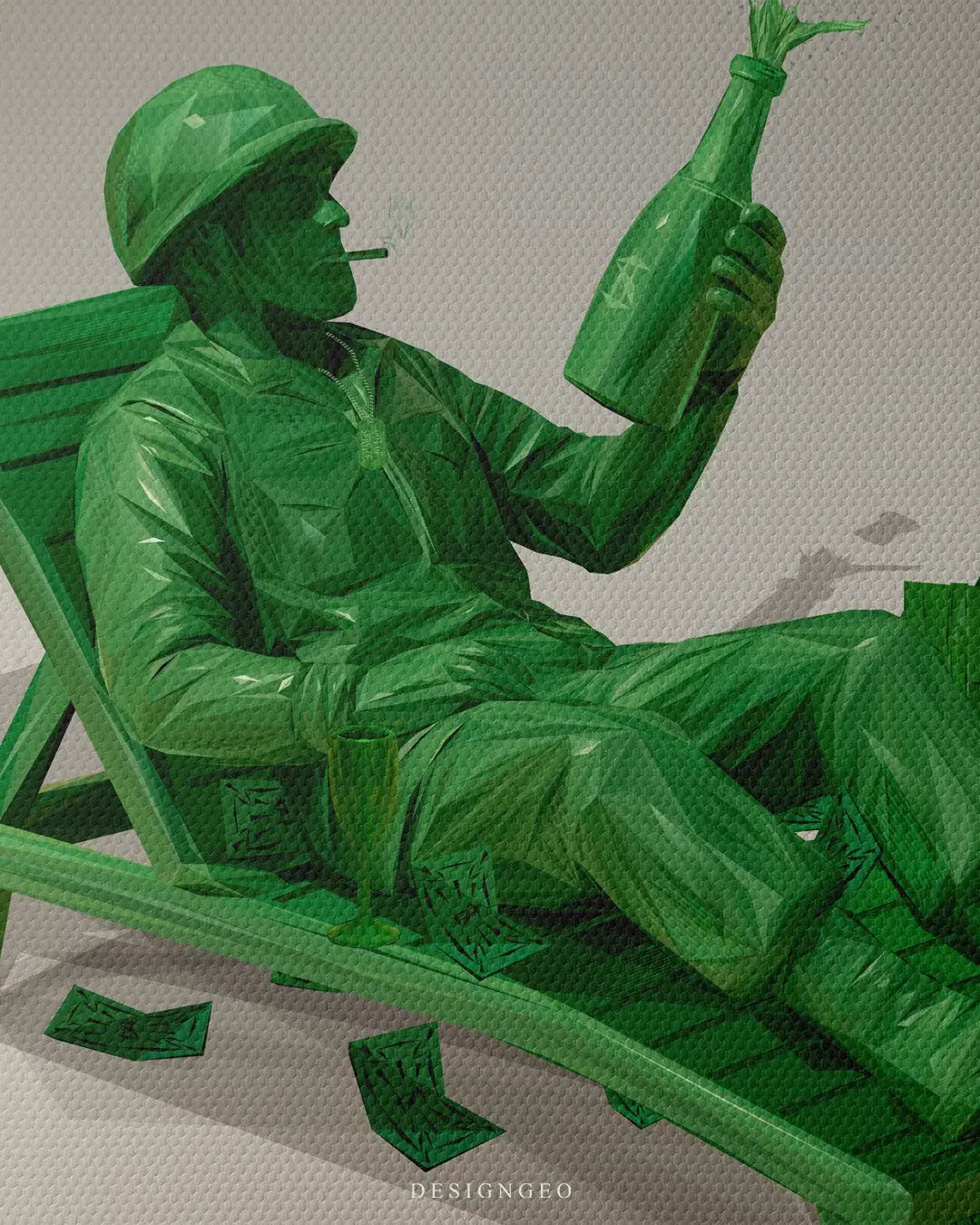 Satirical pop art illustration of a green army man sitting and drinking champagne out of service