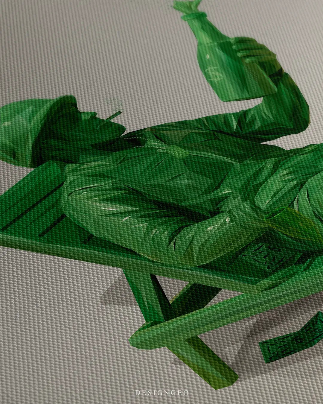 Close-up of green plastic toy soldier canvas art showing the glossy texture, a glass of champagne, and a smoking cigarette detail