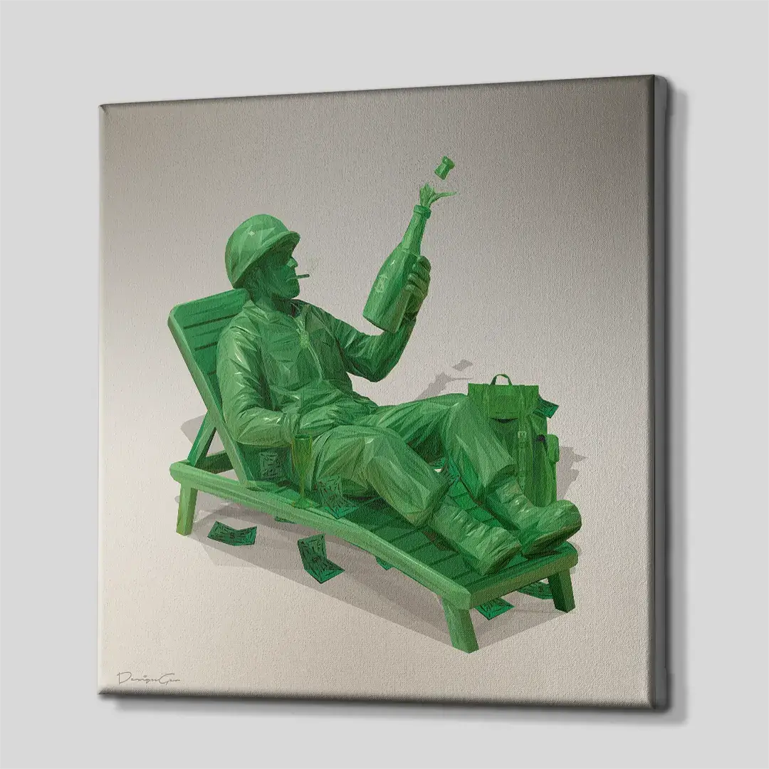 Side angle of the satirical army man canvas print, showing the professional gallery wrap finish and the 3D depth of the wooden frame