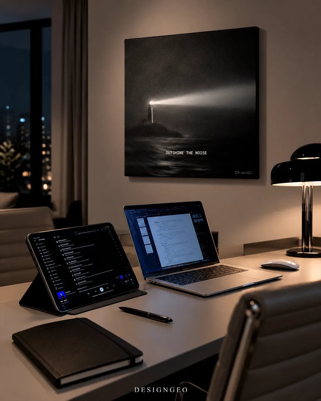 Outshine The Noise lighthouse illuminating dark sea with motivational typography square canvas wall art mounted on wall in office above desk with laptop and tablet setup 0.75 inch thin wrap
