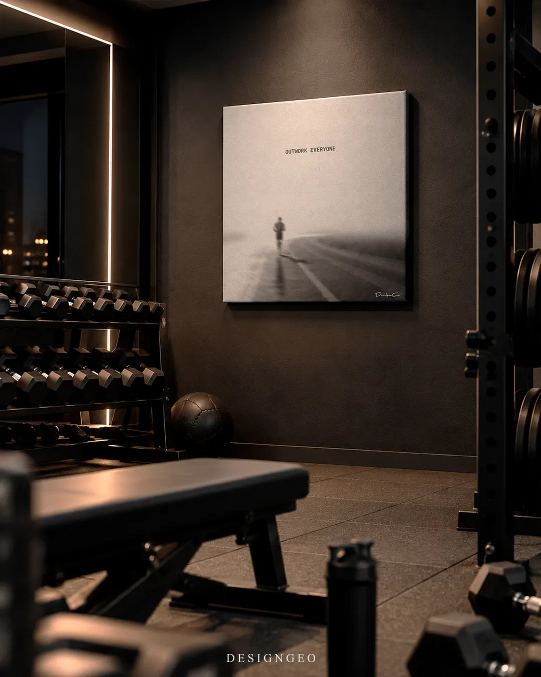 Outwork Everyone motivational typography square canvas wall art mounted on wall in home gym with dumbbell rack and fitness equipment decor 0.75 inch thin wrap