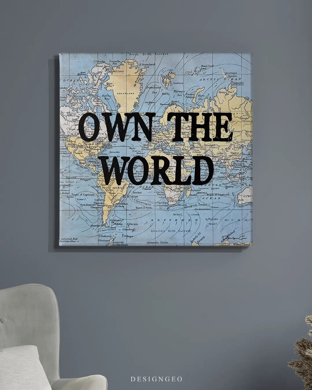 Own the world map canvas wall art displayed on modern interior