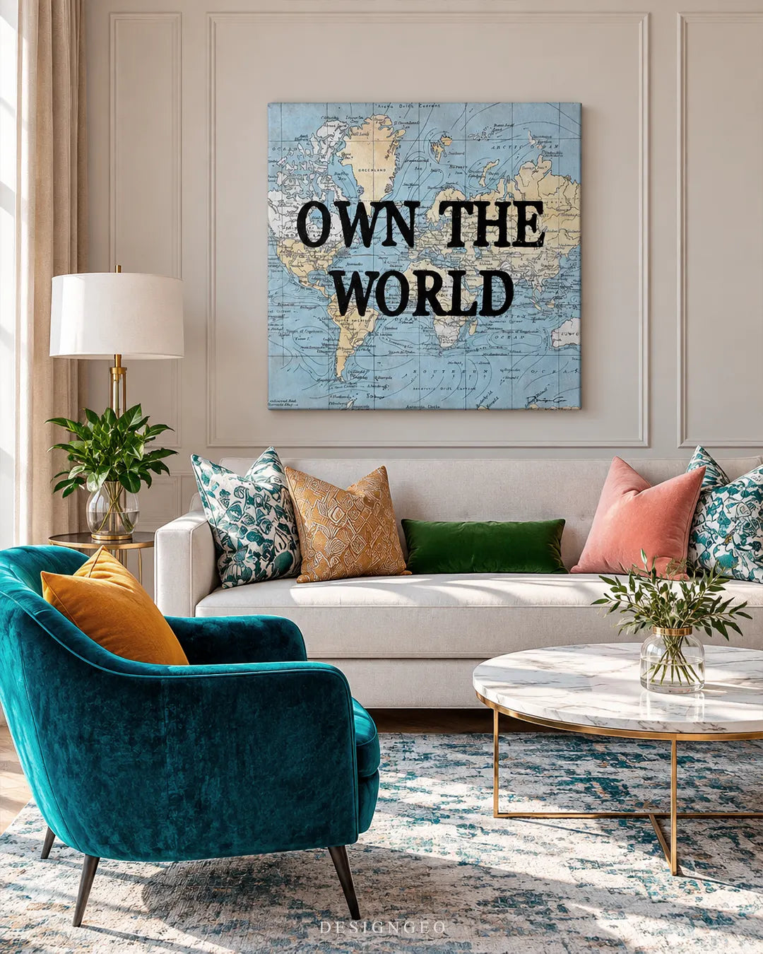 Own The World bold black typography on vintage blue world map square canvas wall art displayed on a beige wainscoting wall in a modern living room above a cream sofa 0.75 inch thin wrap