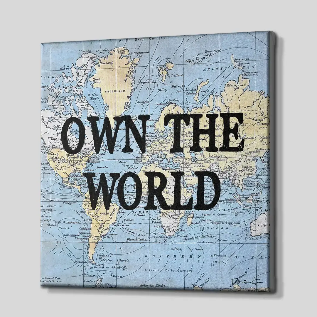 Perspective view of a square world map canvas print, showing the gallery wrap edges and how the map design continues around the sides