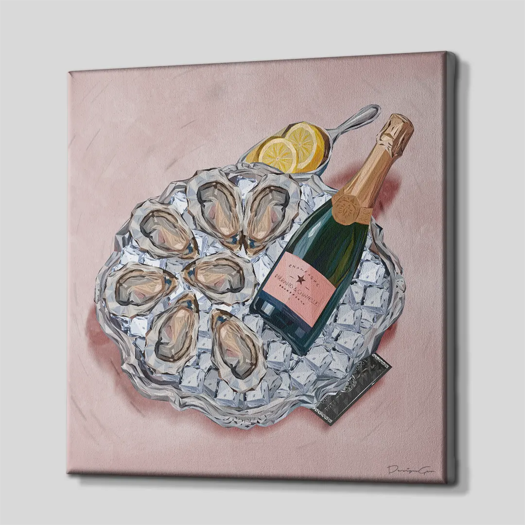 Three-quarter side angle of the pink oysters and champagne canvas print showing gallery-wrapped edges mounted on a wooden frame