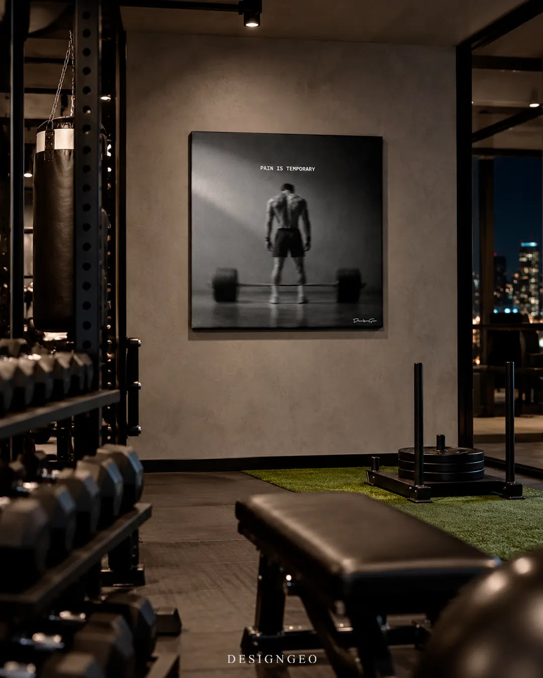 Pain is Temporary motivational bodybuilding typography square canvas wall art mounted on wall in home gym with workout equipment and weights decor 0.75 inch thin wrap