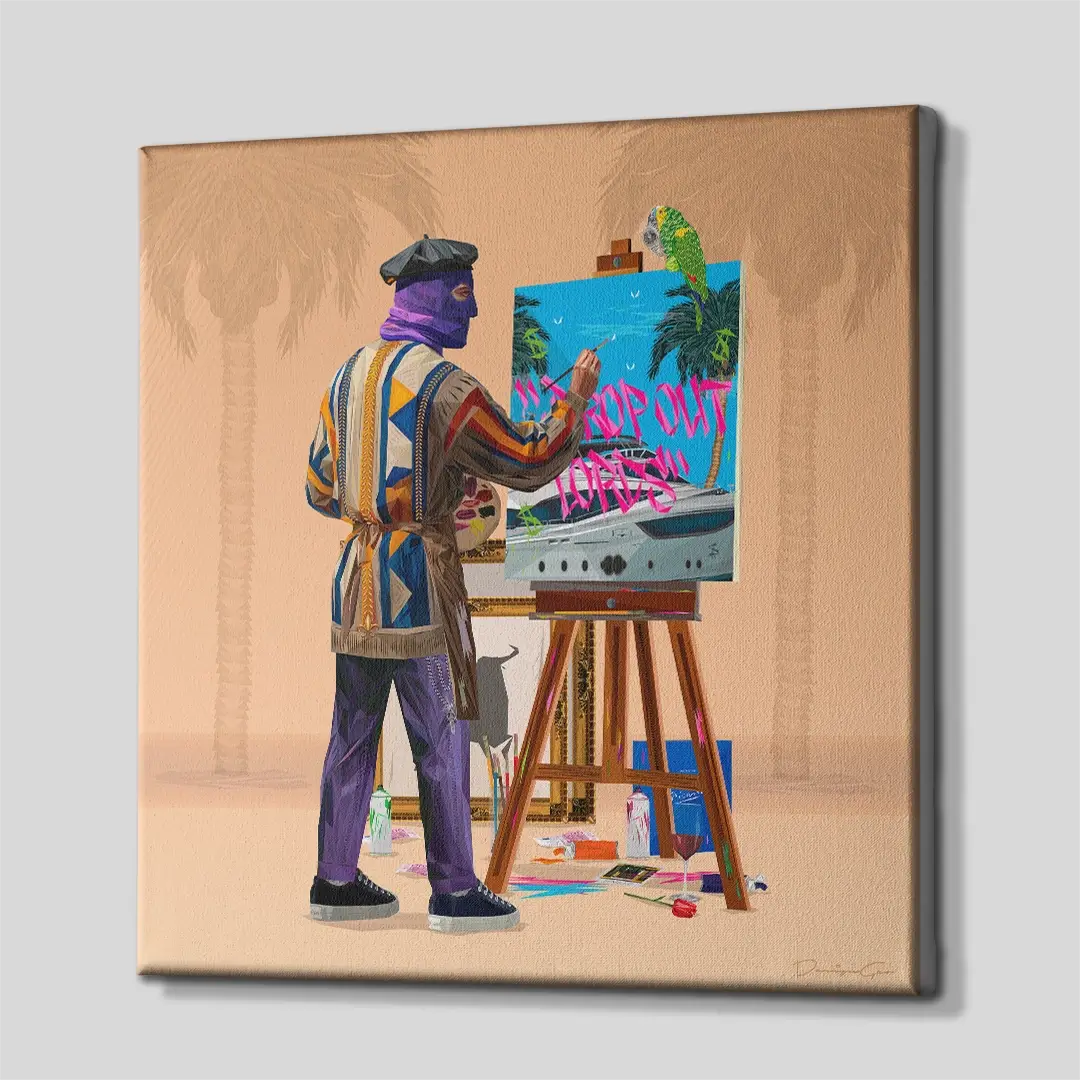 Side angle of the Marbella bandit artist canvas print, highlighting the high-quality gallery wrap finish and the professional 3D frame depth