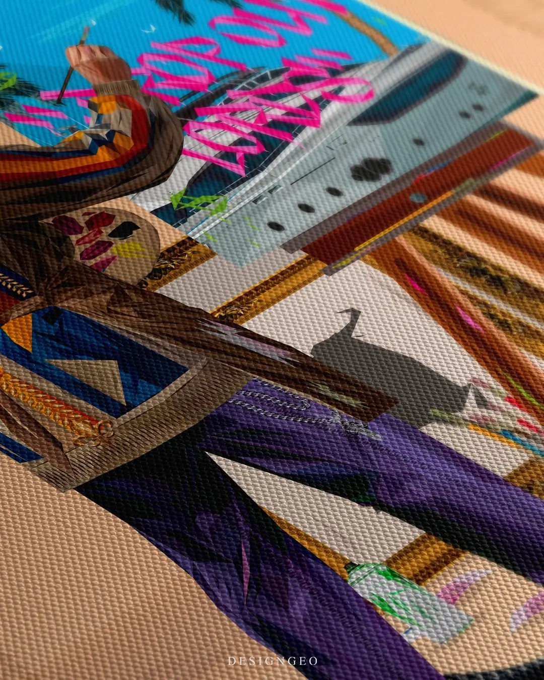 Close-up of modern motivational wall art featuring a mysterious bandit focused on painting a canvas in a sun-drenched Marbella luxury terrace