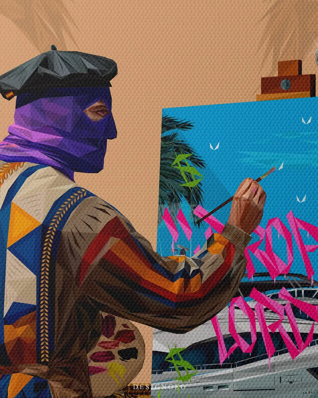 Artistic canvas illustration of a bandit artist at an easel overlooking the Mediterranean coast, symbolizing the freedom to create your own reality and success