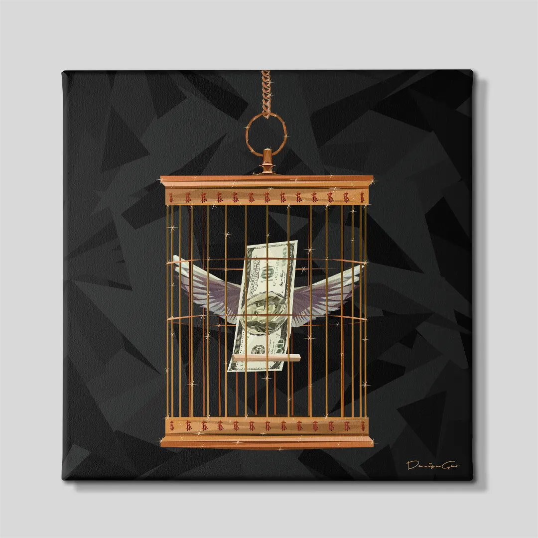 Paper Chaser winged hundred dollar bill inside gold birdcage square canvas wall art front view on gray background 0.75 inch thin wrap