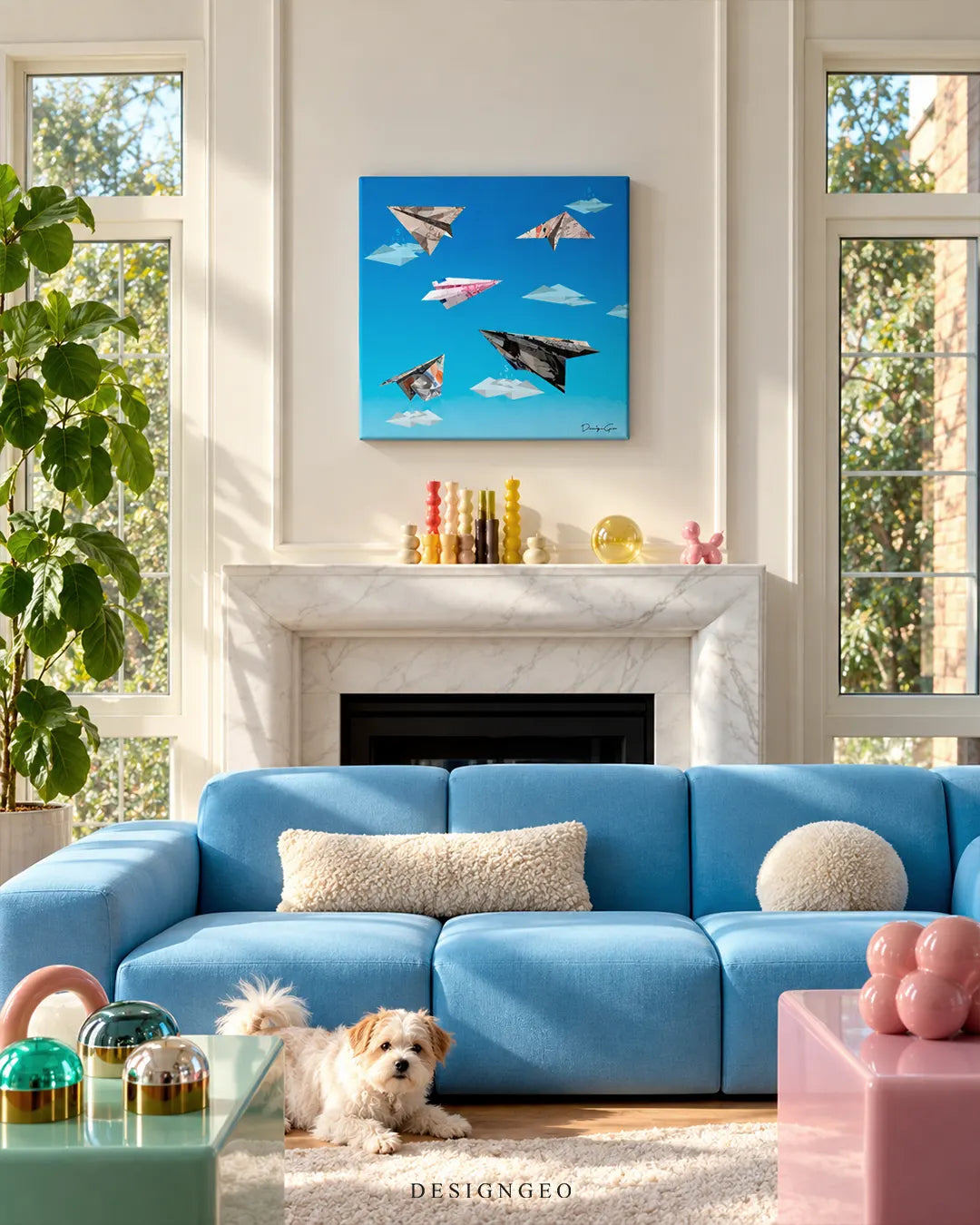 Origami paper airplanes made of money flying in blue sky square canvas wall art displayed on a white wall above a marble fireplace and blue couch 0.75 inch thin wrap