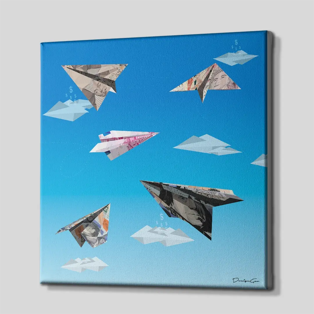 Side angle of the motivational currency paper planes canvas print, highlighting the high-quality gallery wrap finish and professional 3D frame depth
