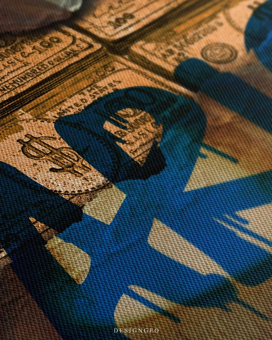Close-up of a classic portrait painting featuring bold blue graffiti strokes and a torn canvas effect revealing money textures on a vintage background