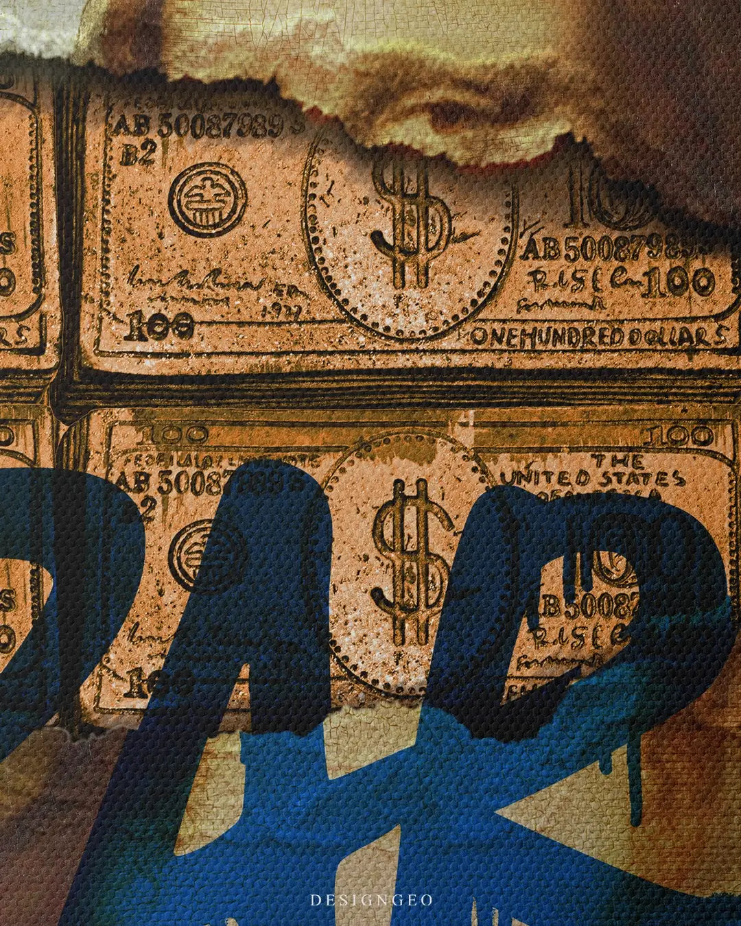 Artistic canvas illustration of a vandalized classical masterpiece with vibrant blue urban spray paint, symbolizing rebellion, creative freedom, and modern wealth
