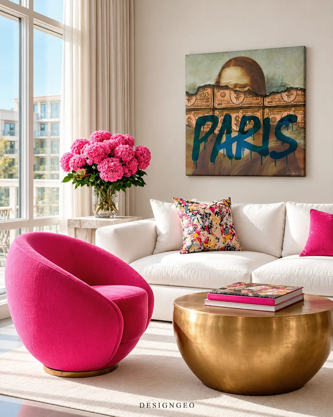 Mona Lisa painting with torn dollar bills and blue spray paint Paris graffiti square canvas wall art displayed on a beige wall above a white sofa 0.75 inch thin wrap