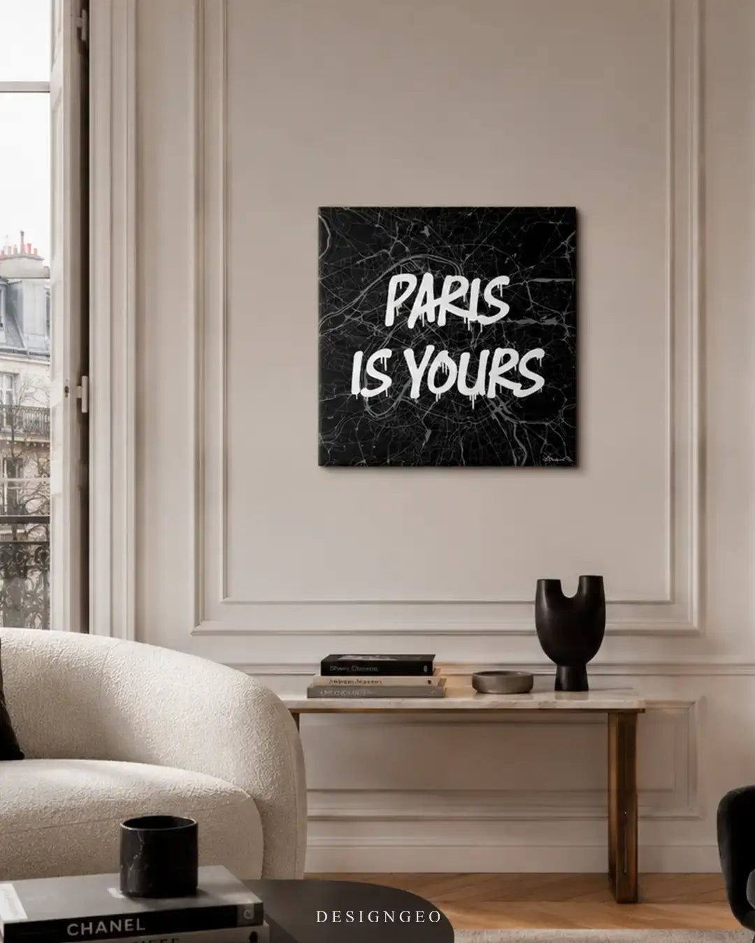 Elegant french-inspired living room setting displaying the Paris map square canvas wall art above a table, adding a sophisticated touch to modern interior livings or boutique offices