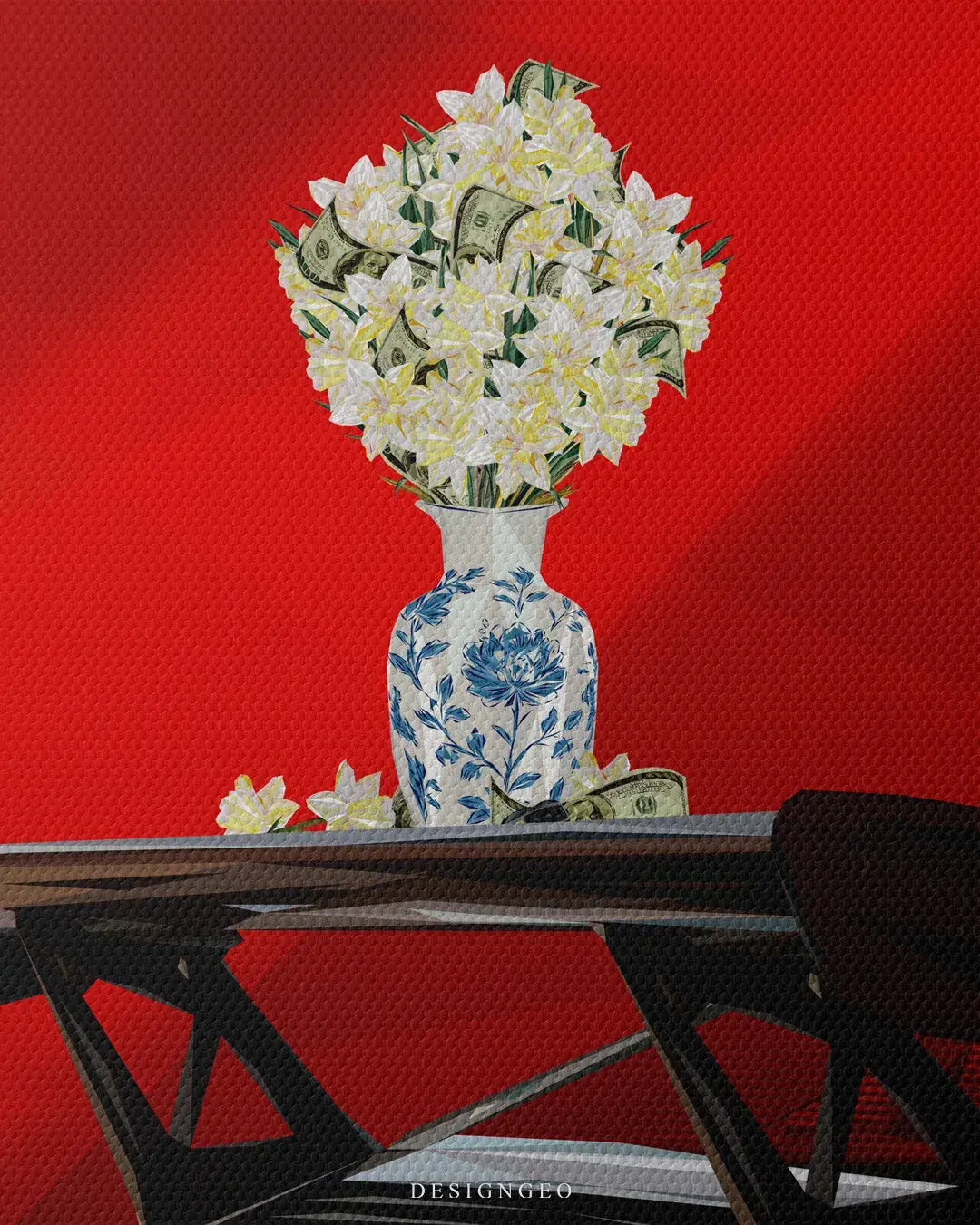 Minimalist still life illustration on canvas featuring a high-end car wing with a floral arrangement, symbolizing the perfect balance between speed and peace