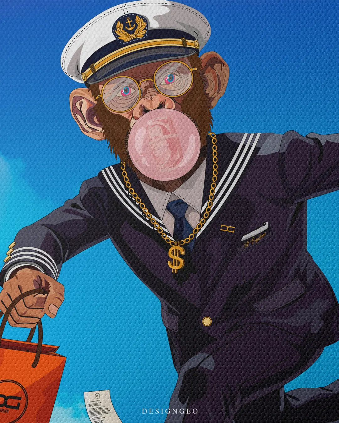 Close-up detail shot of the canvas surface, highlighting the captain monkey blowing pink bubblegum, gold dollar sign necklace, round glasses, and fine woven canvas texture