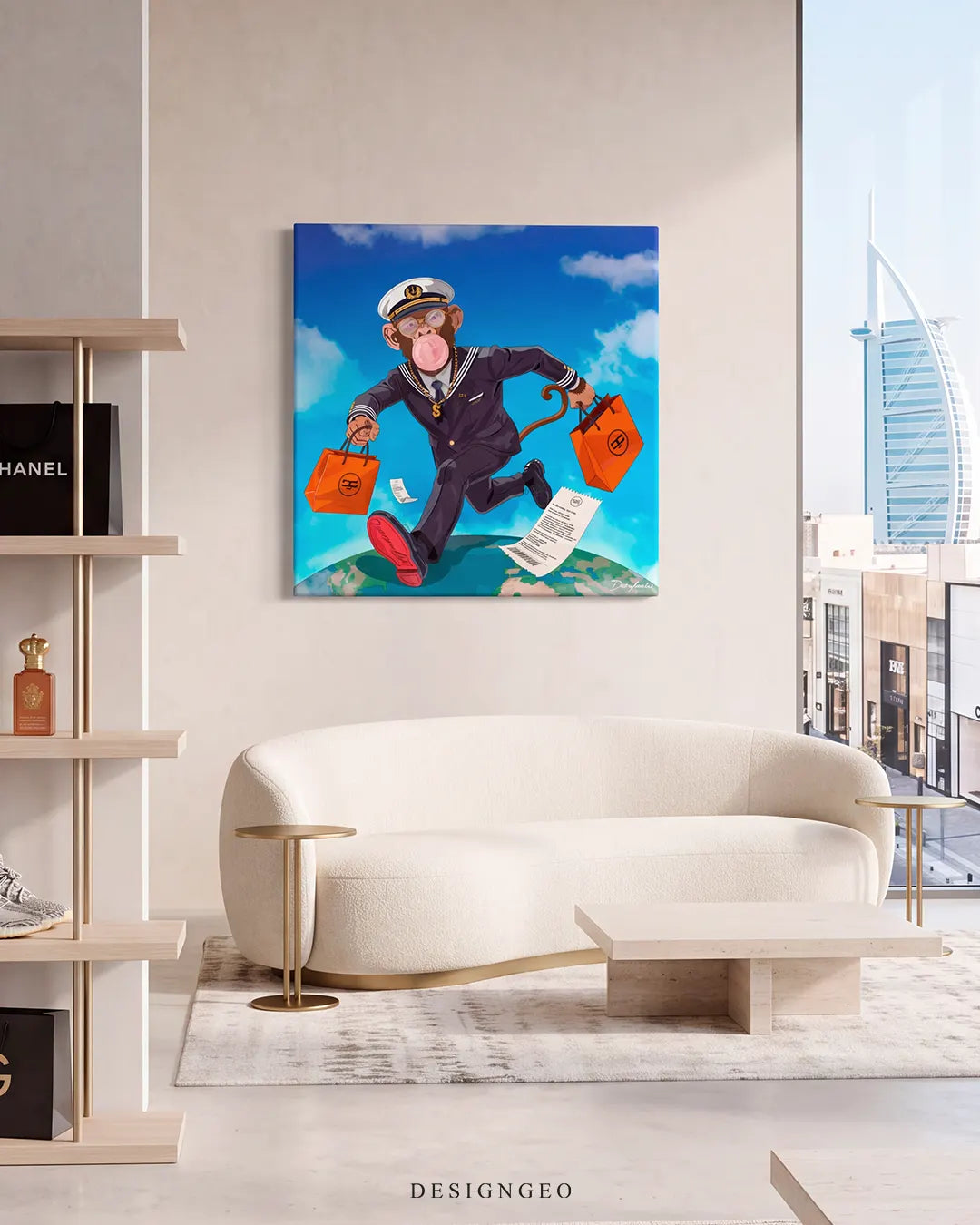 Contemporary penthouse living room with a white sofa and Dubai skyline views, featuring the square monkey personal shopper canvas print mounted on a minimalist beige wall