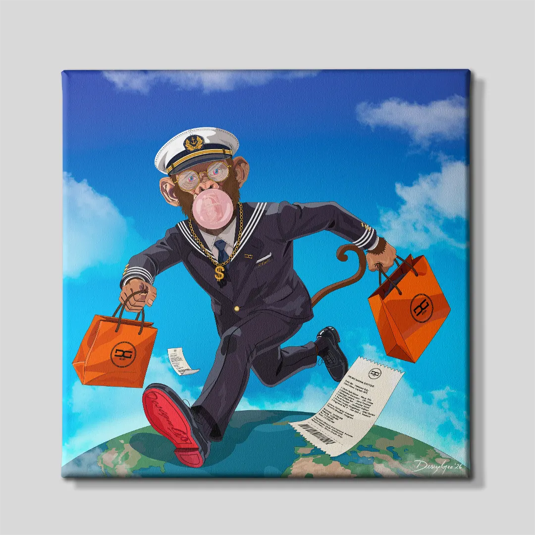 Front view of a square canvas print depicting a chimpanzee personal shopper in a navy captain suit running across the globe carrying orange shopping bags against a blue sky