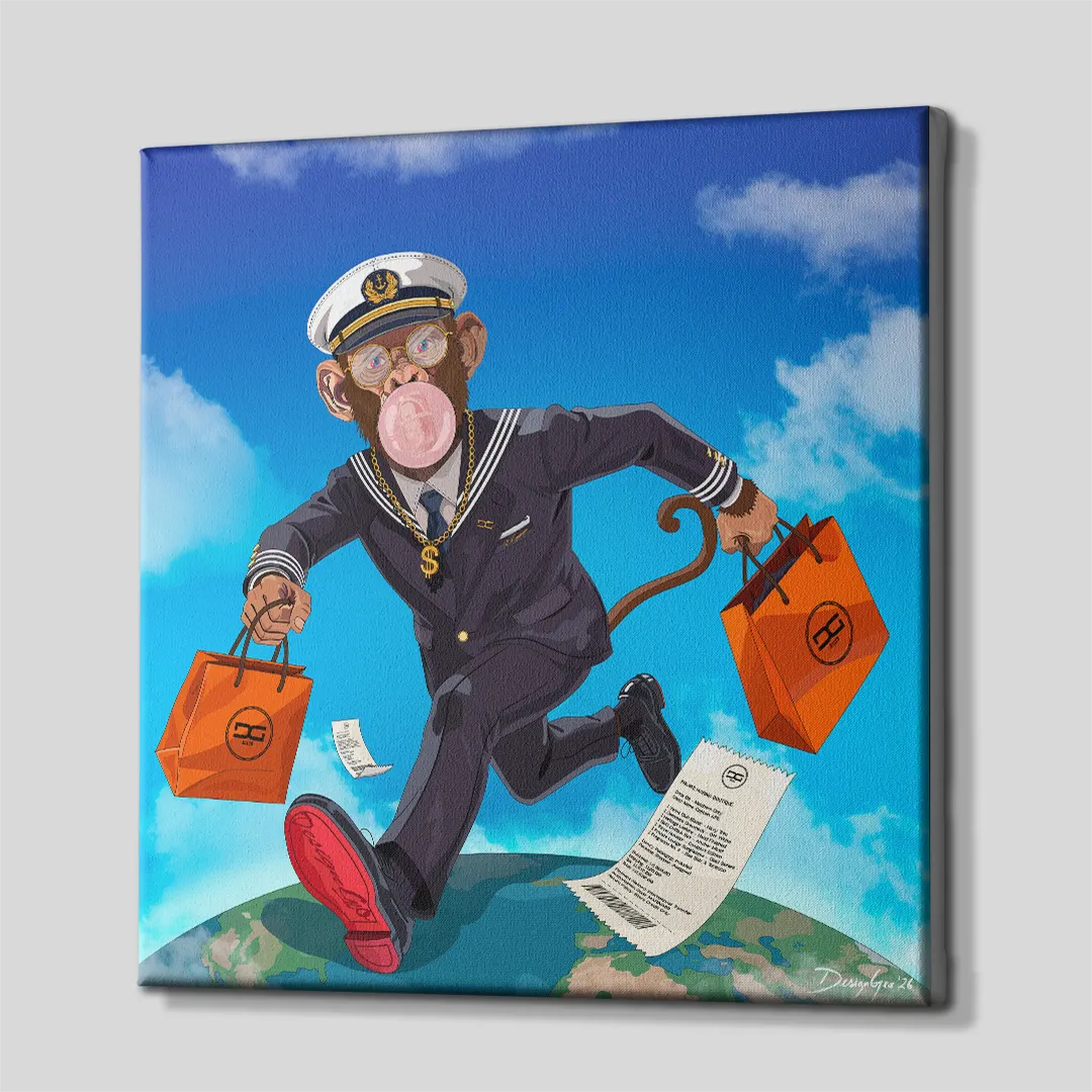 Three-quarter side profile of the square monkey personal shopper canvas art, showing vibrant blue sky gallery-wrapped edges neatly folded around a wooden stretcher frame