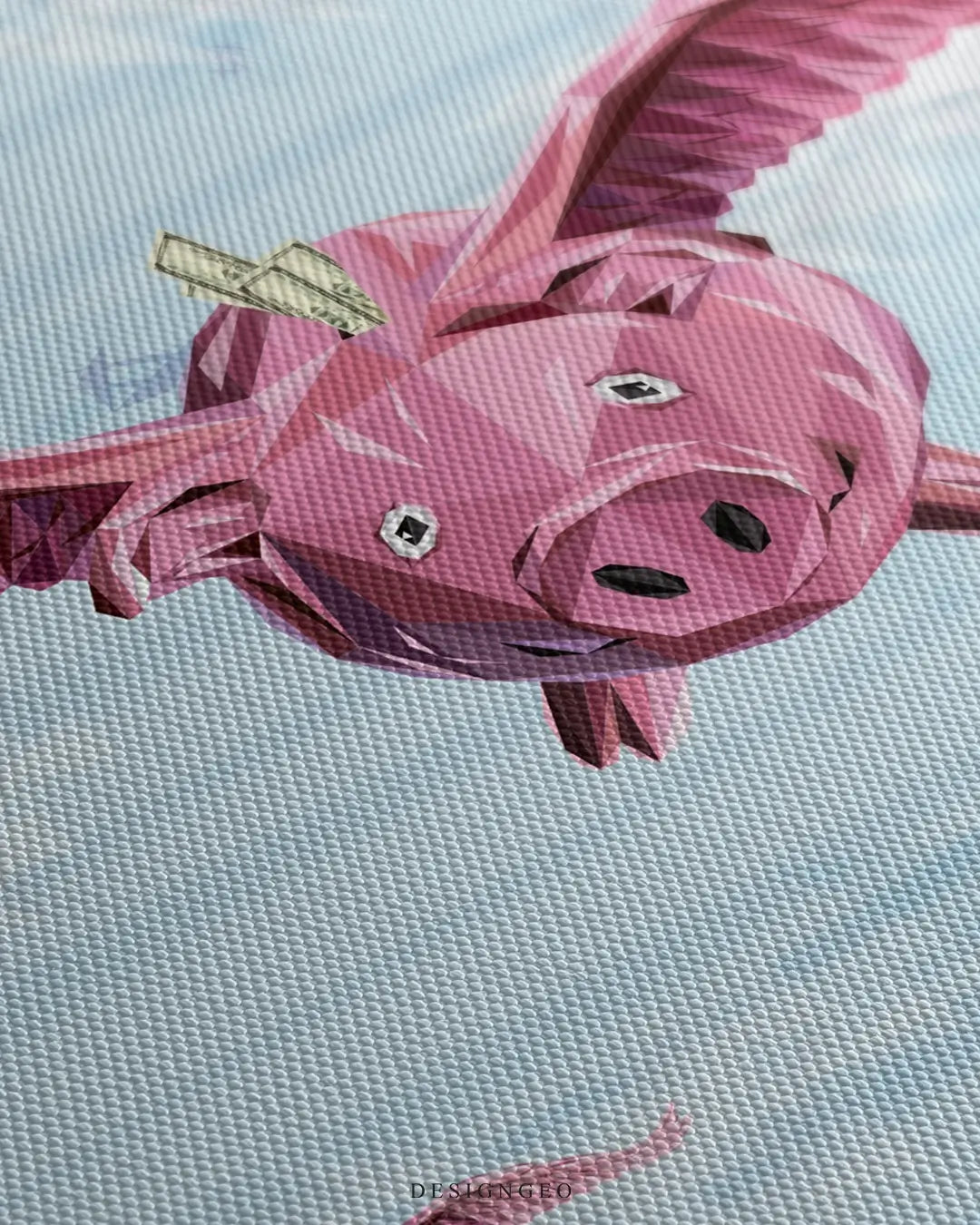 Close-up of financial motivation art showing flying pink piggy banks with wings chasing dollar bills against a soft blue sky with realistic canvas textures
